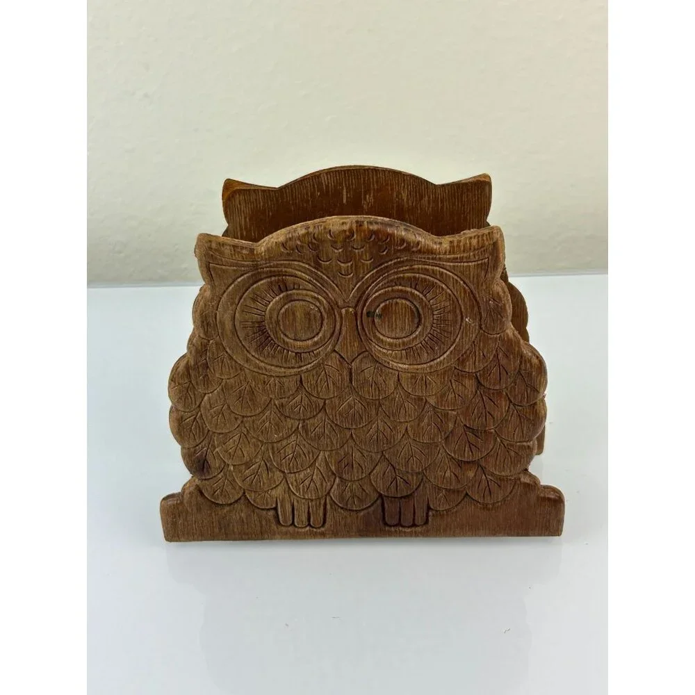 MCM 1970s Owl Wooden Napkin Letter Holder Brown Distressed Vintage Mid-Century